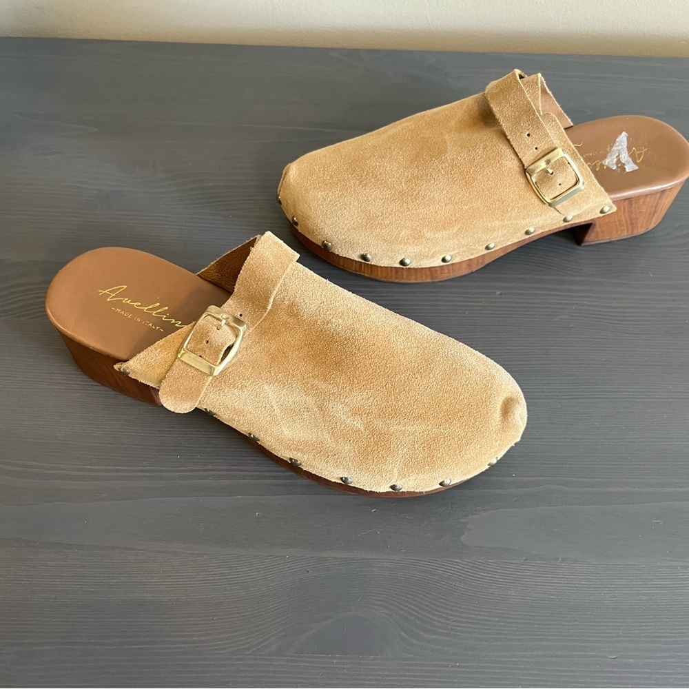 Avellini Made in Italy Suede And Wood Women's Camel Suede Clogs NEW - Picture 3 of 8